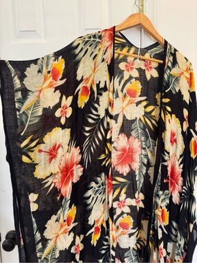 Floral Kimono Cover Up Womens OS Sheer Black Tropical Bohemian Resort Vacation